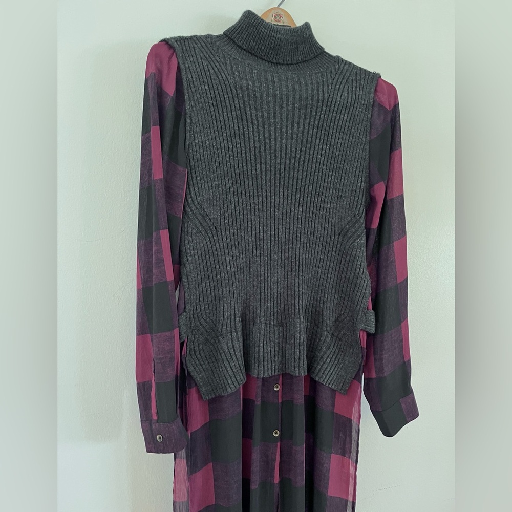 Rock & Republic Dress Sweater Faux Layered Sheer Bottom Buffalo Plaid Size Large - Picture 2 of 10